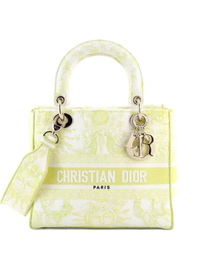 Pre-owned Dior Lady D-lite Bag Embroidered Canvas Medium Satchel In Yellow