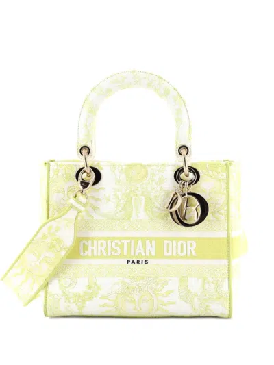Pre-owned Dior Lady D-lite Bag Embroidered Canvas Medium Satchel In Yellow