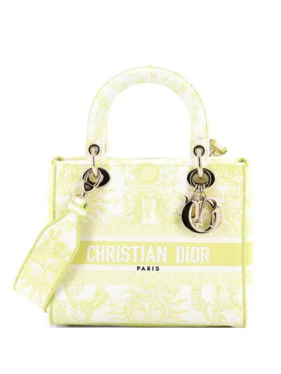 Pre-owned Dior Lady D-lite Bag Embroidered Canvas Medium Satchel In Yellow