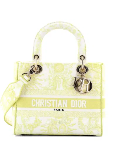 Pre-owned Dior Lady D-lite Bag Embroidered Canvas Medium Satchel In Yellow