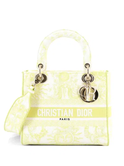 Pre-owned Dior Lady D-lite Bag Embroidered Canvas Medium Satchel In Yellow