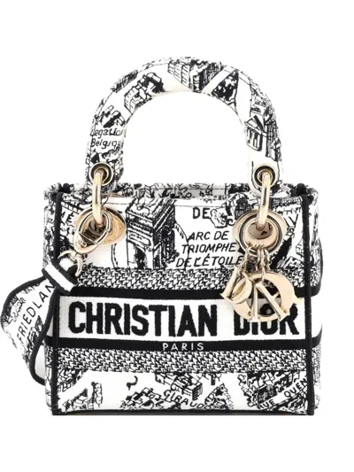Pre-owned Dior Lady D-lite Bag Embroidered Canvas Mini Satchel In Black