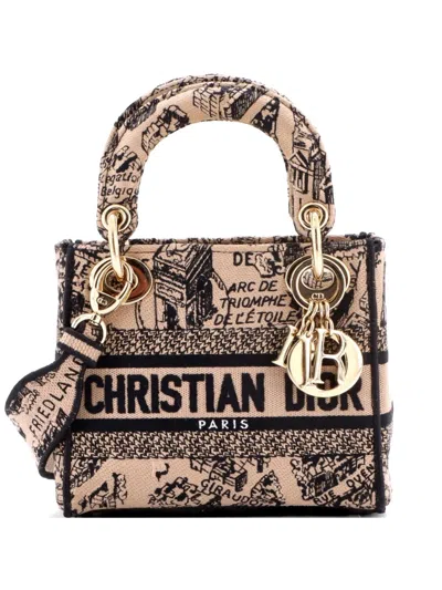 Pre-owned Dior Lady D-lite Bag Embroidered Canvas Mini Satchel In Black