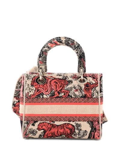 Pre-owned Dior Lady D-lite Bag Embroidered Raffia Medium Satchel In Multi