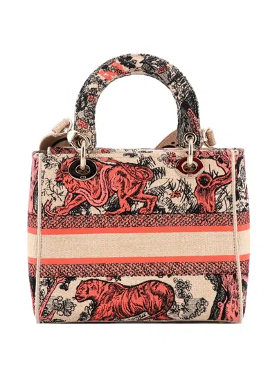 Pre-owned Dior Lady D-lite Bag Embroidered Raffia Medium Satchel In Multi
