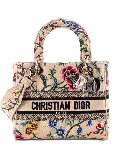 Pre-owned Dior Lady D-lite Bag Embroidered Raffia Medium Satchel In Multi