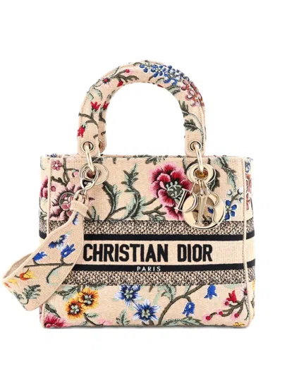 Pre-owned Dior Lady D-lite Bag Embroidered Raffia Medium Satchel In Neutral