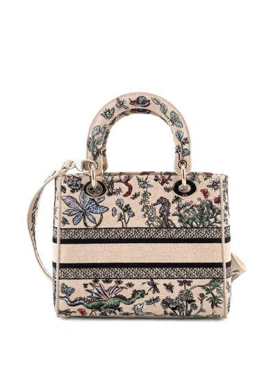 Pre-owned Dior Lady D-lite Bag Embroidered Raffia Medium Satchel In Neutral