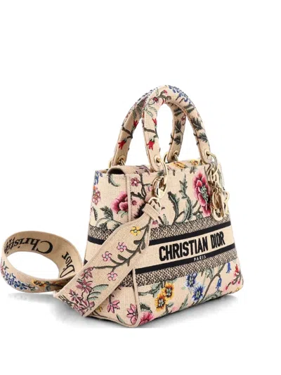 Pre-owned Dior Lady D-lite Bag Embroidered Raffia Medium Satchel In Neutral