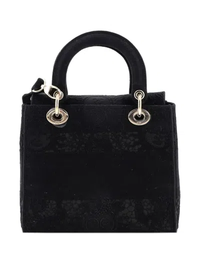 Pre-owned Dior Lady D-lite Bag Embroidery With Macrame Effect Medium Shoulder Bag In Black