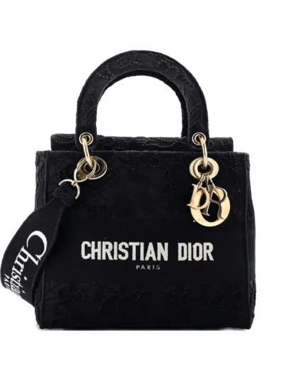 Pre-owned Dior Lady D-lite Bag Embroidery With Macrame Effect Medium Shoulder Bag In Black