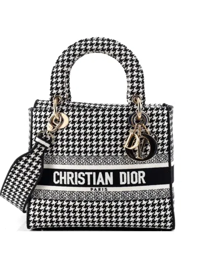 Pre-owned Dior Lady D-lite Bag Houndstooth Canvas Medium Shoulder Bag In Black