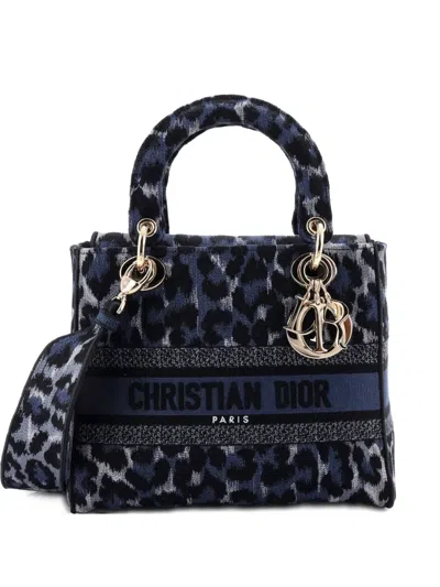 Pre-owned Dior Lady D-lite Bag Mizza Embroidered Canvas Medium Tote Bag In Blue