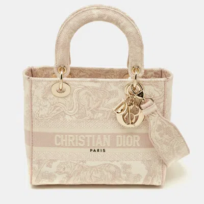 Pre-owned Dior Lady D-lite Medium Pink Toile De Jouy Embroidered Canvas Tote