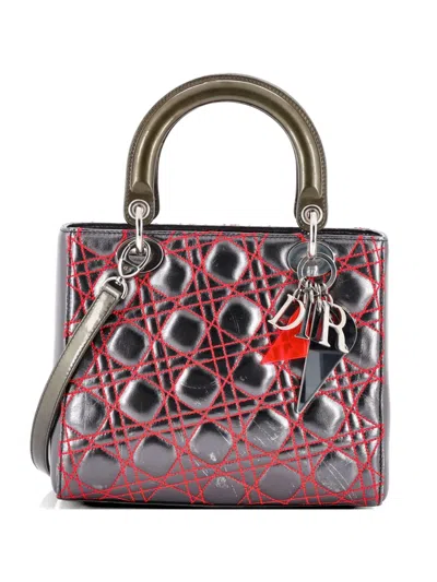 Pre-owned Dior Lady  Bag Anselm Reyle Cannage Quilt Leather Medium Satchel In Silver