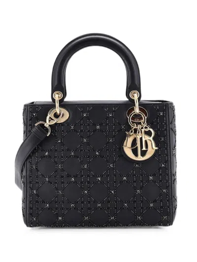 Pre-owned Dior Lady  Bag Beaded Cannage Quilt Leather Medium Satchel In Black
