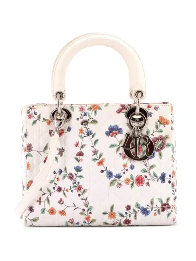 Pre-owned Dior Lady  Bag Cannage Quilt Floral Printed Canvas Medium Satchel In Multi