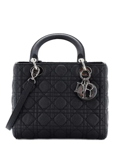 Pre-owned Dior Lady  Bag Cannage Quilt Grained Calfskin Medium Satchel In Black