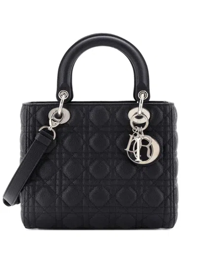 Pre-owned Dior Lady  Bag Cannage Quilt Grained Calfskin Medium Satchel In Black