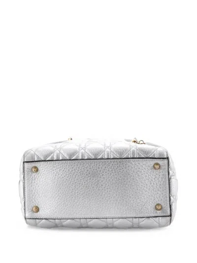 Pre-owned Dior Lady  Bag Cannage Quilt Grained Calfskin Medium Satchel In Silver