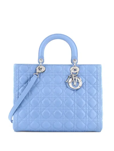 Pre-owned Dior Lady  Bag Cannage Quilt Lambskin Large Tote Bag In Blue