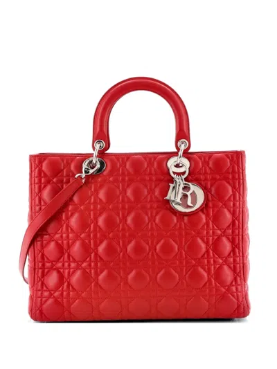Pre-owned Dior Lady  Bag Cannage Quilt Lambskin Large Tote Bag In Red