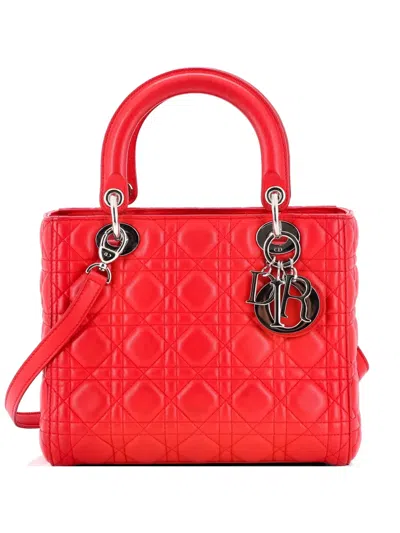 Pre-owned Dior Lady  Bag Cannage Quilt Lambskin Medium Satchel In Red