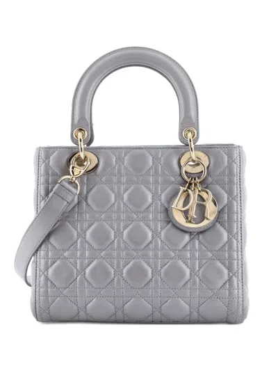 Pre-owned Dior Lady  Bag Cannage Quilt Metallic Leather Medium Satchel In Gray