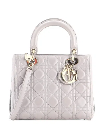 Pre-owned Dior Lady  Bag Cannage Quilt Metallic Leather Medium Satchel In Grey
