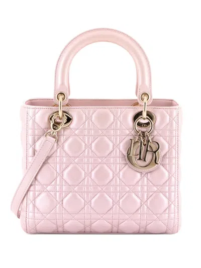 Pre-owned Dior Lady  Bag Cannage Quilt Metallic Leather Medium Satchel In Pink