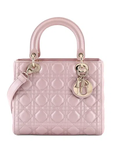 Pre-owned Dior Lady  Bag Cannage Quilt Metallic Leather Medium Satchel In Pink