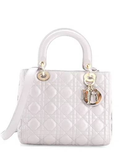 Pre-owned Dior Lady  Bag Cannage Quilt Metallic Leather Medium Satchel In Silver