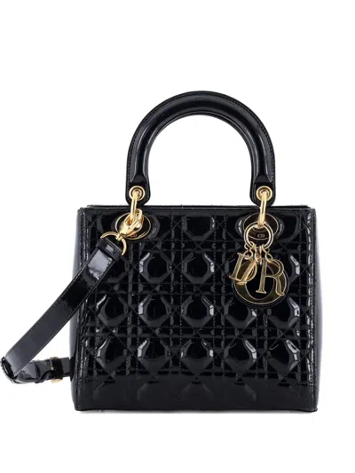 Pre-owned Dior Lady  Bag Cannage Quilt Patent Medium Satchel In Black