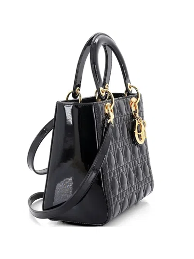 Pre-owned Dior Lady  Bag Cannage Quilt Patent Medium Satchel In Black