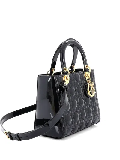 Pre-owned Dior Lady  Bag Cannage Quilt Patent Medium Satchel In Black