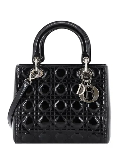 Pre-owned Dior Lady  Bag Cannage Quilt Patent Medium Satchel In Black