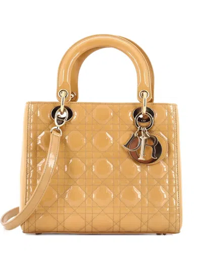 Pre-owned Dior Lady  Bag Cannage Quilt Patent Medium Satchel In Gold