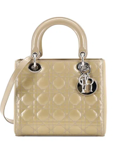 Pre-owned Dior Lady  Bag Cannage Quilt Patent Medium Satchel In Neutral