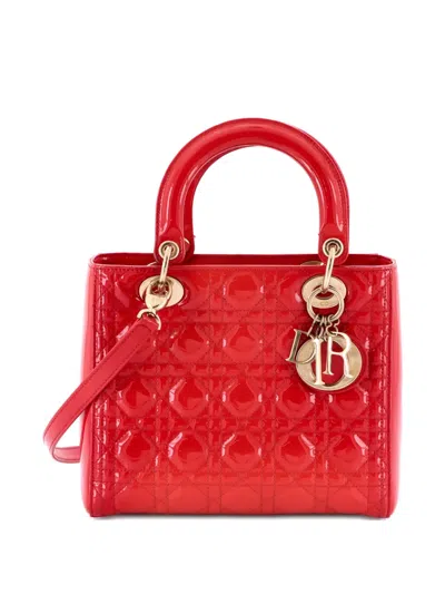 Pre-owned Dior Lady  Bag Cannage Quilt Patent Medium Satchel In Red