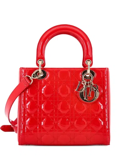 Pre-owned Dior Lady  Bag Cannage Quilt Patent Medium Satchel In Red