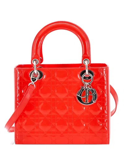 Pre-owned Dior Lady  Bag Cannage Quilt Patent Medium Satchel In Red