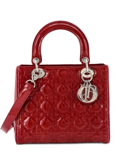 Pre-owned Dior Lady  Bag Cannage Quilt Patent Medium Satchel In Red