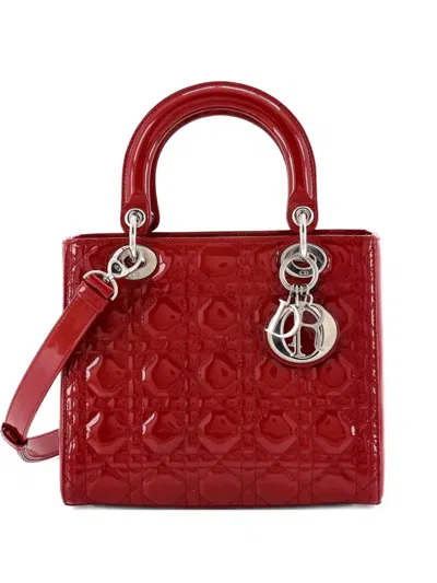 Pre-owned Dior Lady  Bag Cannage Quilt Patent Medium Satchel In Red