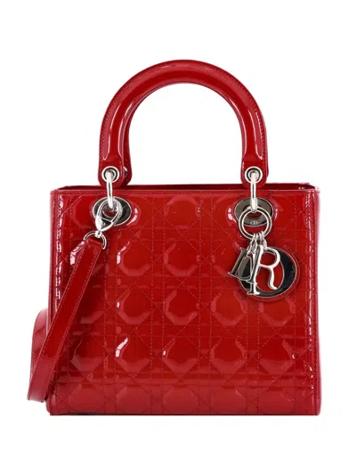 Pre-owned Dior Lady  Bag Cannage Quilt Patent Medium Satchel In Red
