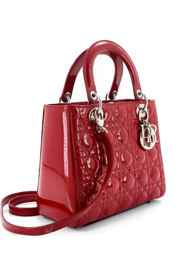Pre-owned Dior Lady  Bag Cannage Quilt Patent Medium Satchel In Red