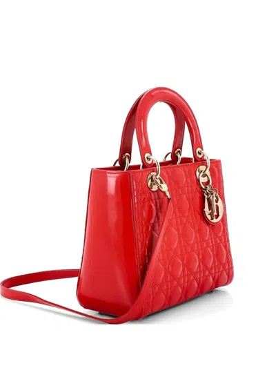 Pre-owned Dior Lady  Bag Cannage Quilt Patent Medium Satchel In Red