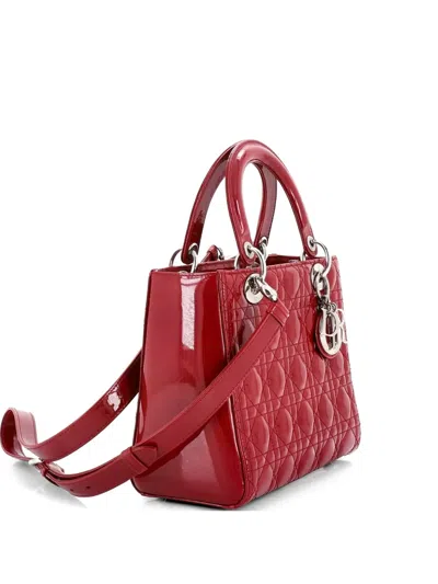 Pre-owned Dior Lady  Bag Cannage Quilt Patent Medium Satchel In Red