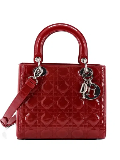 Pre-owned Dior Lady  Bag Cannage Quilt Patent Medium Satchel In Red