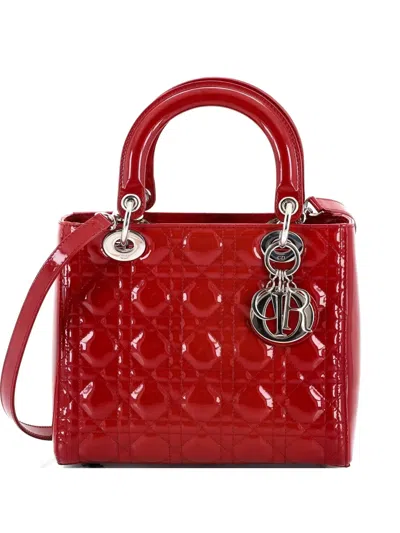 Pre-owned Dior Lady  Bag Cannage Quilt Patent Medium Satchel In Red
