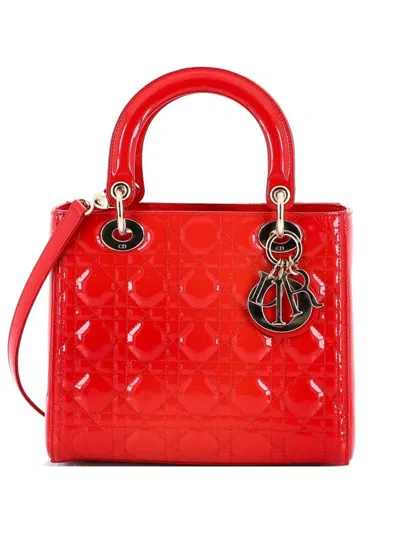 Pre-owned Dior Lady  Bag Cannage Quilt Patent Medium Satchel In Red